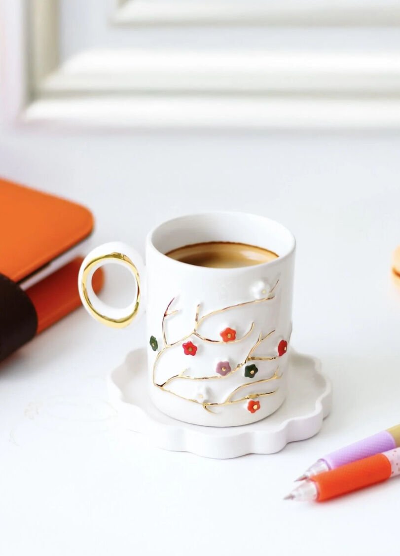 Çiçekli Duble Türk Kahvesi Fincanı